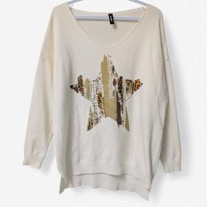 Venti6 Designer Studded Star Print V Neck Knit Jumper Sweater